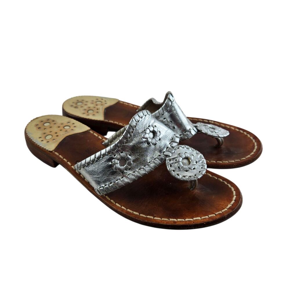 Jack Rogers Thong Sandals Womens 7 Silver Leather Flats Preppy Resort Wear